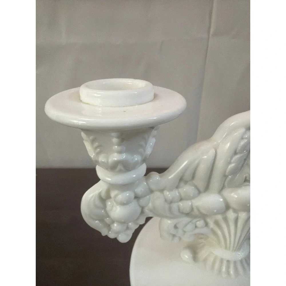 Indiana Milk Glass‎ Double Arm Candelabra Fruit Harvest Cornucopia White 5.5in